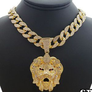Full Iced Out XL LION Head Pendant & 20" Miami Set